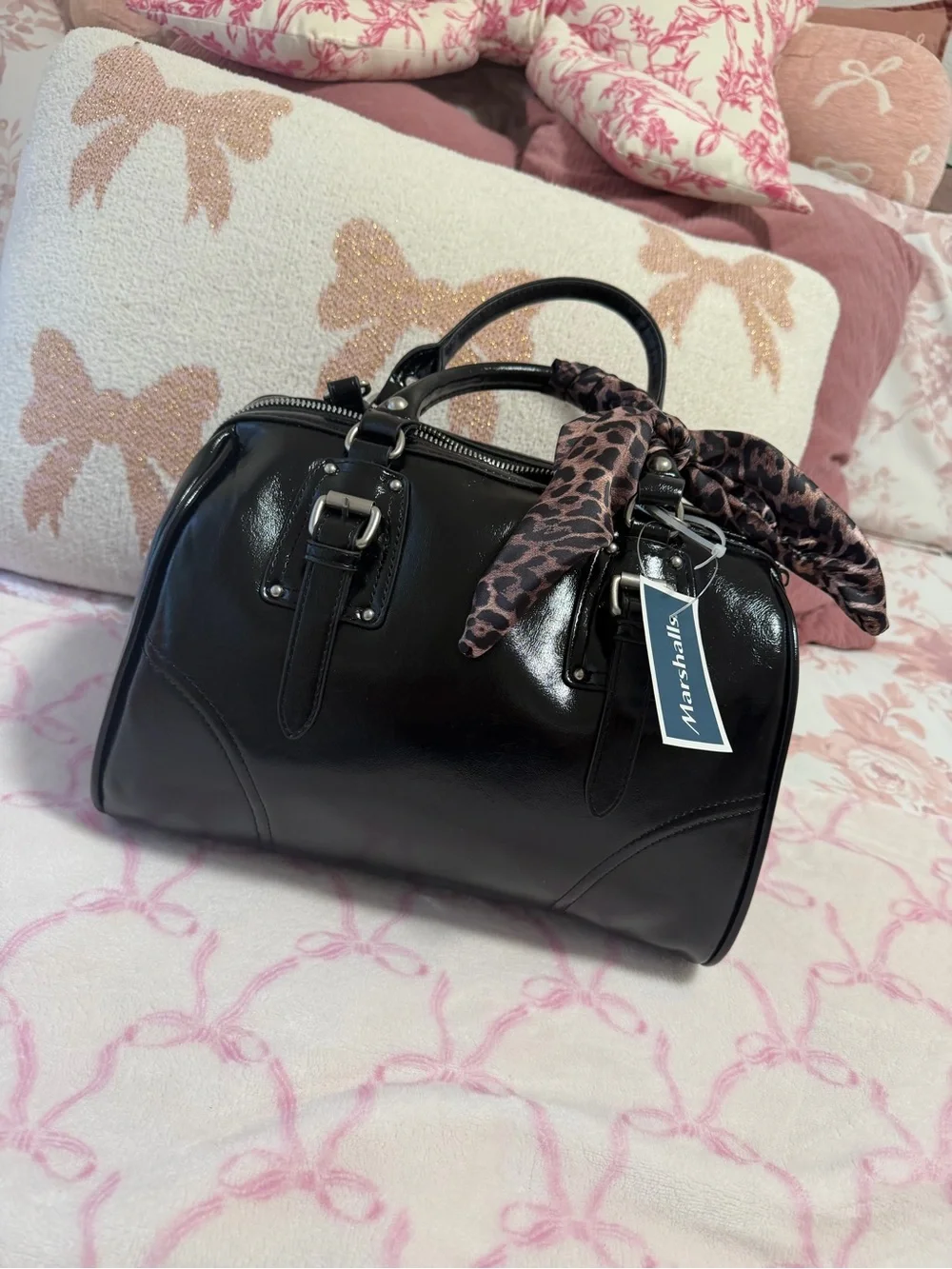 Steve Madden Black Patent Leather Satchel with Leopard Scarf